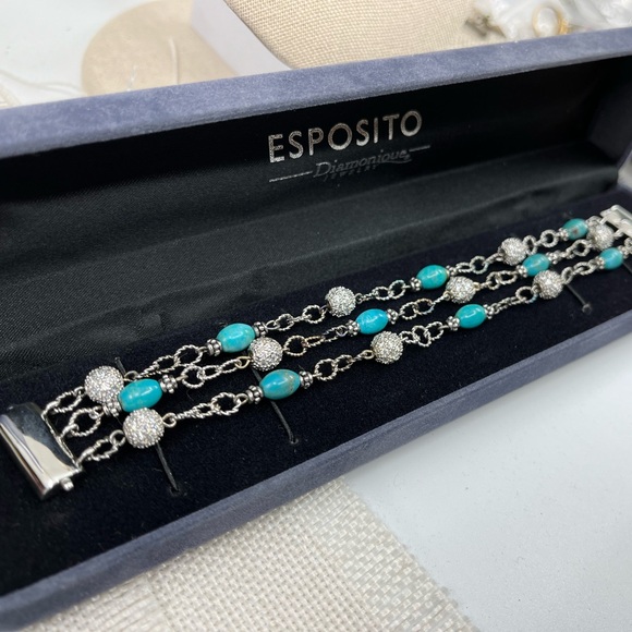 Vintage Joseph Esposito Sterling Silver Turquoise & CZ Bead Bracelet - Picture 2 of 16